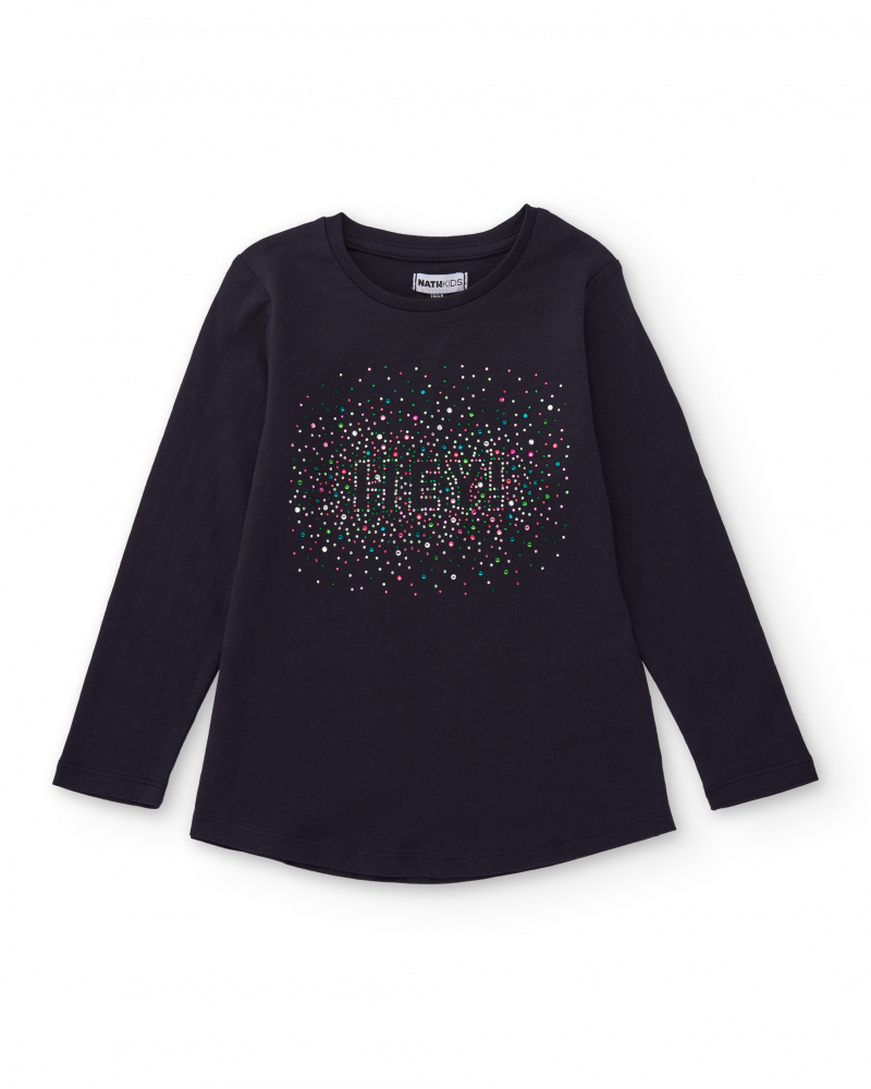 Navy blue long-sleeve T-shirt for girls with colorful dot print