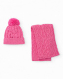 Girls’ pink knit hat and scarf set with pompom