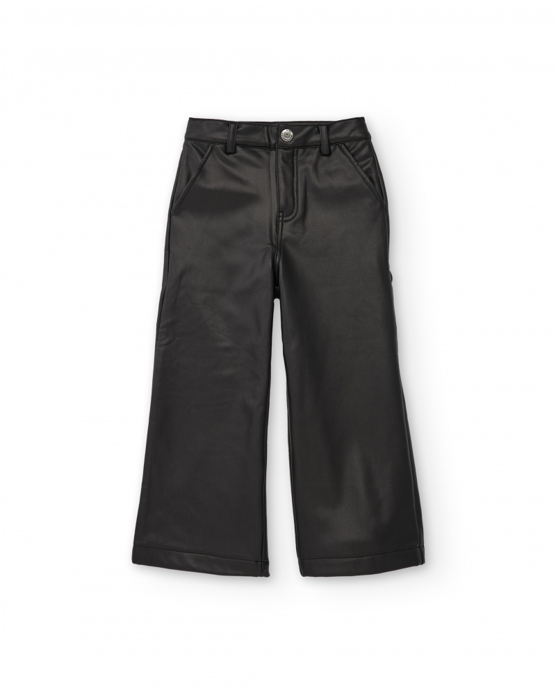 Girls’ black faux leather wide-leg trousers