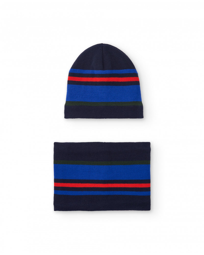 Boys’ knit hat and neck warmer set with multicolour stripes