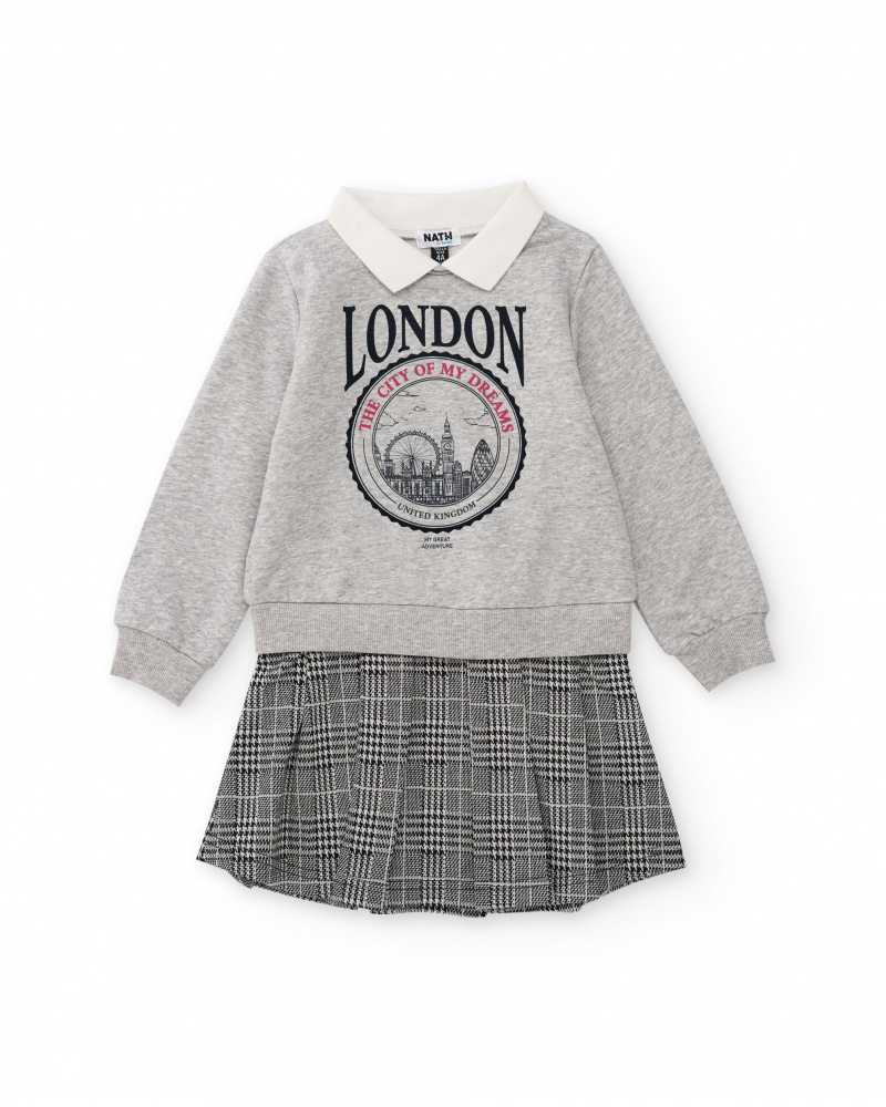Sweatshirt dress for girl in grey with shirt collar and checkered skirt