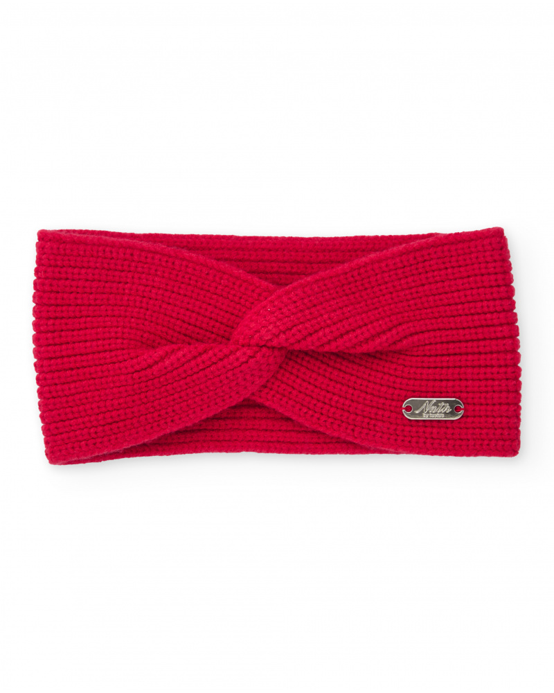 Knitted headband for girl in red with crossed detail