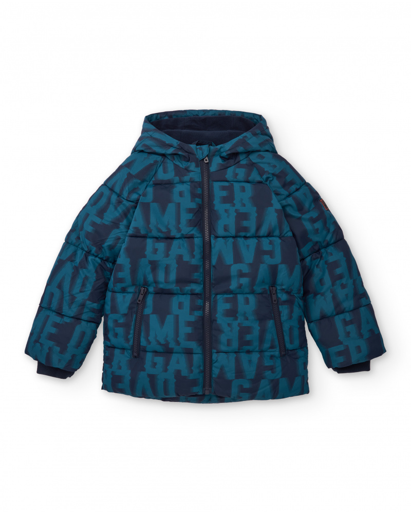 Boys’ navy padded coat with gamer print