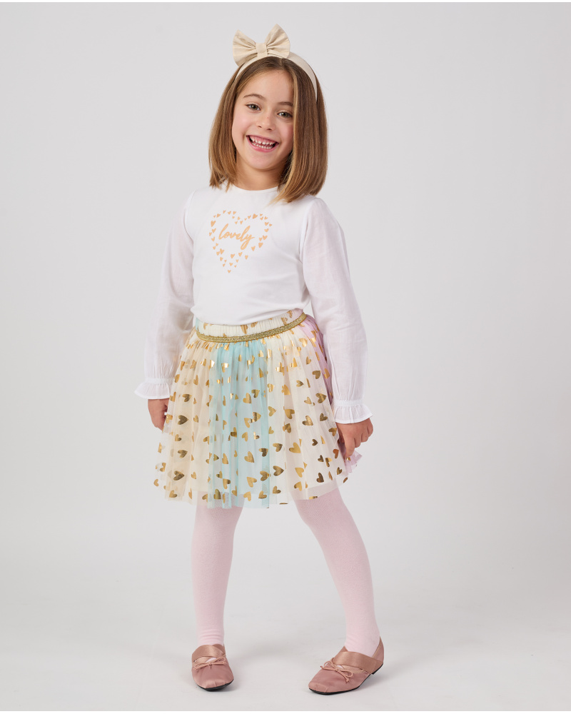 Pink tulle skirt for girls with golden heart print
