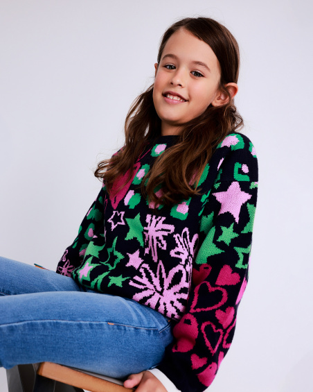 Multicolor knit sweater for girls with hearts, stars and flowers | tuc tuc UK