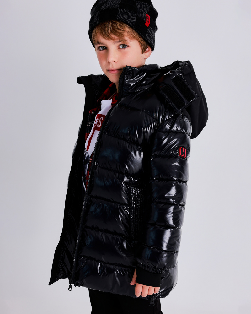 Boys’ long black padded coat with hood