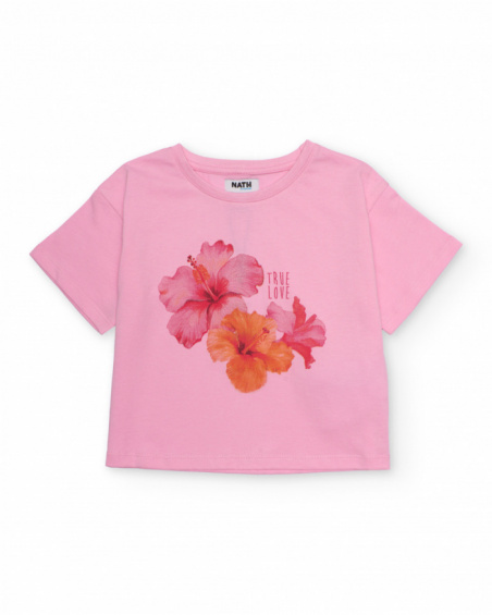 Girls’ knit T-shirt with hibiscus on the front