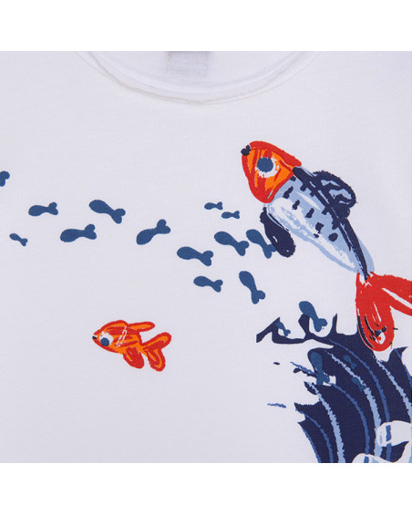 WHITE WITHOUT SLEEVES FISHES JERSEY T-SHIRT FOR BOYS KAMOGAWA