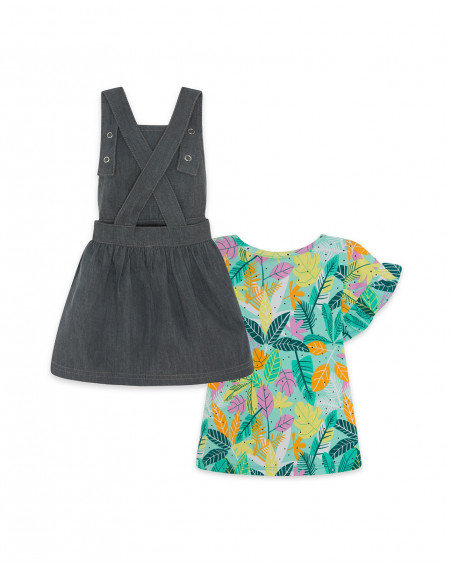 Grey printed denim pinafore and t-shirt for girls in the jungle