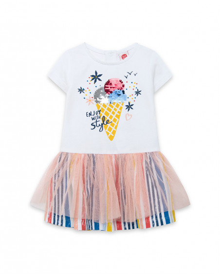 White striped jersey and tulle dress for girls enjoy the sun