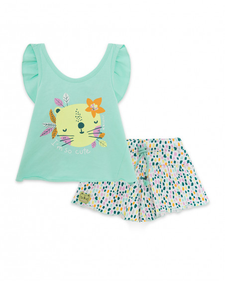 Green printed jersey t-shirt and shorts for girls in the jungle