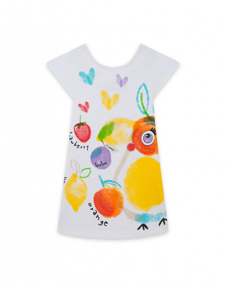 White printed jersey dress for girls fruitty time