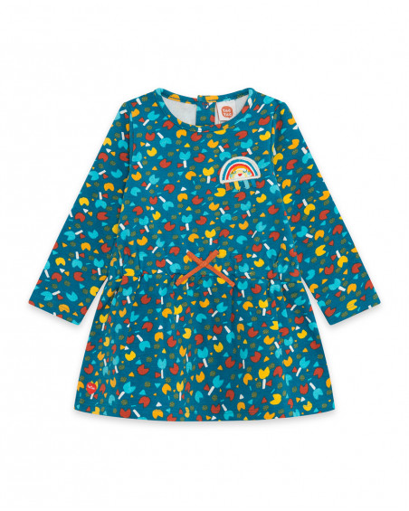Blue printed plush dress for girls smile today