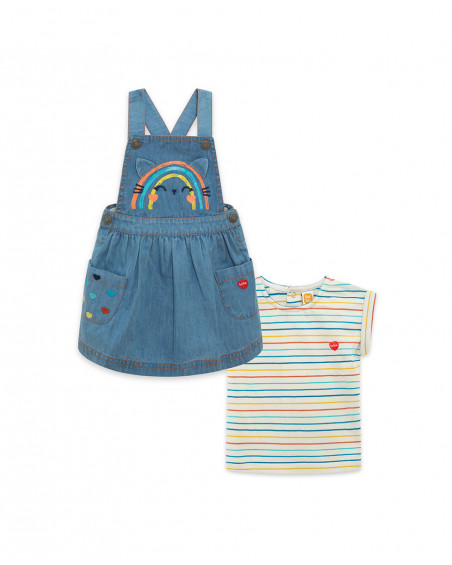 Blue striped denim pinafore and t-shirt for girls smile today