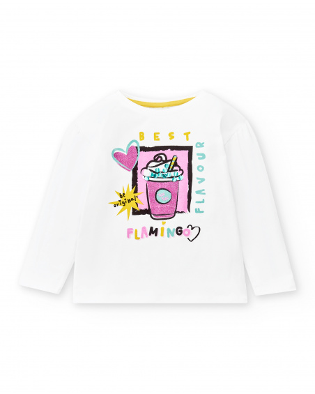 Camiseta larga punto blanco niña Flamingo Mood