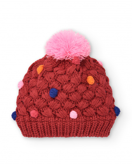 Red hat for girls with multicoloured pompoms from the Super Natural collection