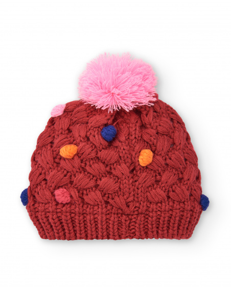 Red hat for girls with multicoloured pompoms from the Super Natural collection