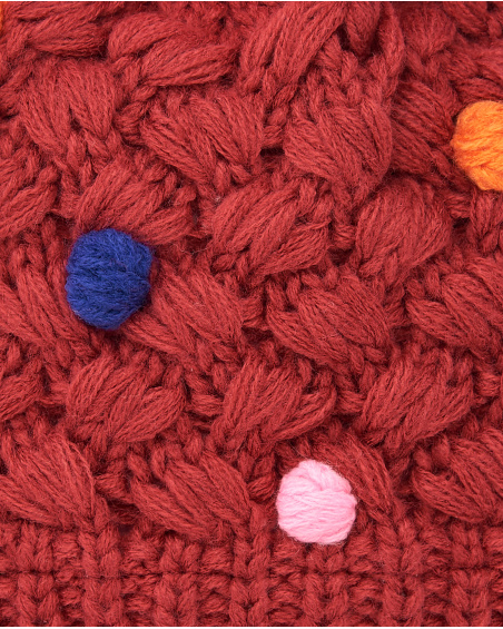 Red hat for girls with multicoloured pompoms from the Super Natural collection