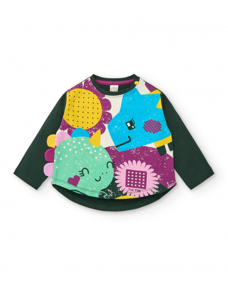Green long-sleeved T-shirt with dinosaur print for girls, Cyber Dino collection