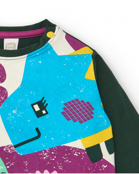 Green long-sleeved T-shirt with dinosaur print for girls, Cyber Dino collection