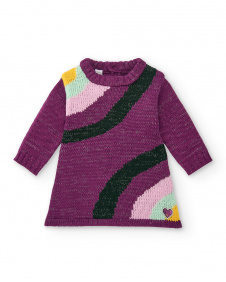 Fuchsia knitted dress with rainbow details for girls Cyber Dino collection