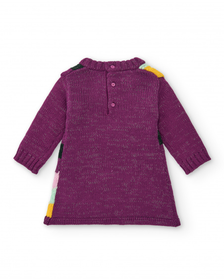 Fuchsia knitted dress with rainbow details for girls Cyber Dino collection