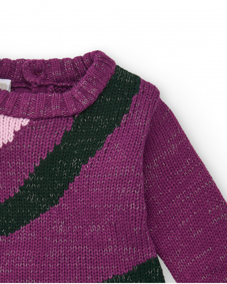 Fuchsia knitted dress with rainbow details for girls Cyber Dino collection
