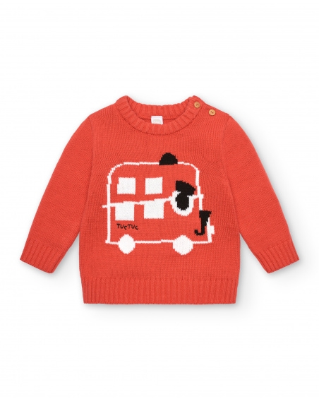 Red knitted sweater for boys with bus design from the Cartoon Calling collection