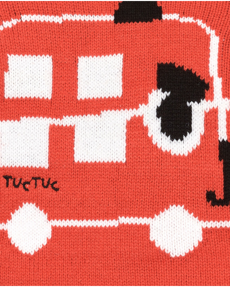Red knitted sweater for boys with bus design from the Cartoon Calling collection