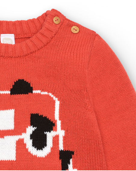 Red knitted sweater for boys with bus design from the Cartoon Calling collection
