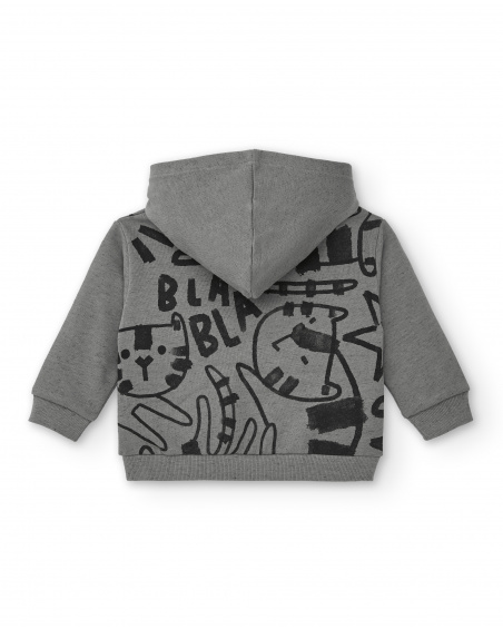 Boys' grey fleece sweatshirt with hood and "Bla Bla" tiger print from the Cartoon Calling collection