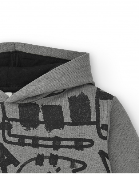 Boys' grey fleece sweatshirt with hood and "Bla Bla" tiger print from the Cartoon Calling collection