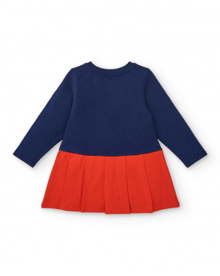 Girl's dress in blue and red with school print from the Big Brains collection