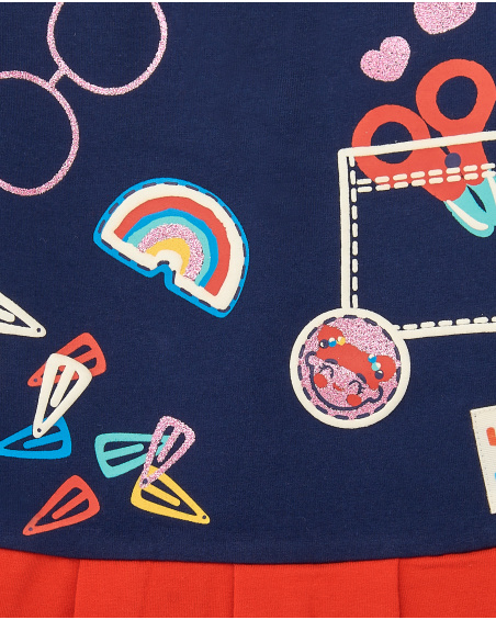 Girl's dress in blue and red with school print from the Big Brains collection