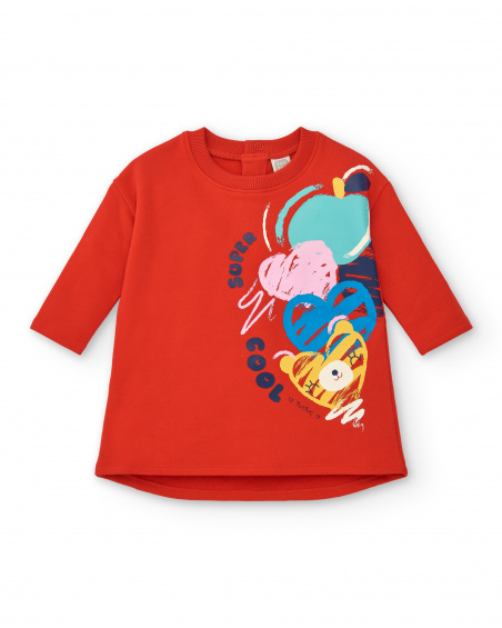 Red dress for girls with graphic print from the Big Brains collection