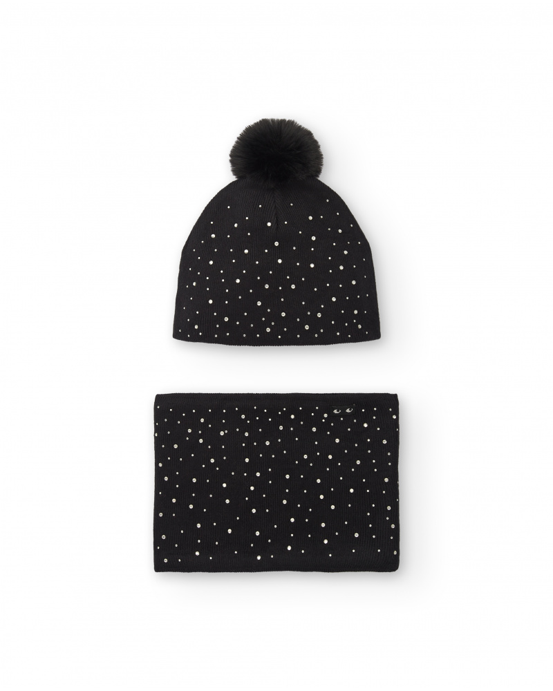Black pom pom hat and scarf top