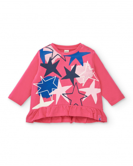 Coral-colored girl's t-shirt with ruffles from the Amazing collection Coral-colored girl's t-shirt with ruffles from the Amazing collection