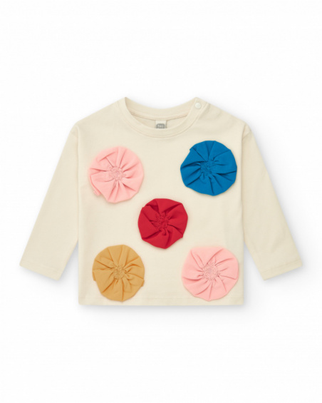 Knitted T-shirt for girls in white with floral appliqués Happy Garden