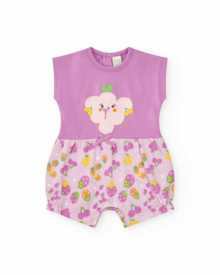 Mauve knitted romper for girls with fruit print