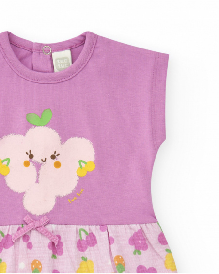 Mauve knitted romper for girls with fruit print