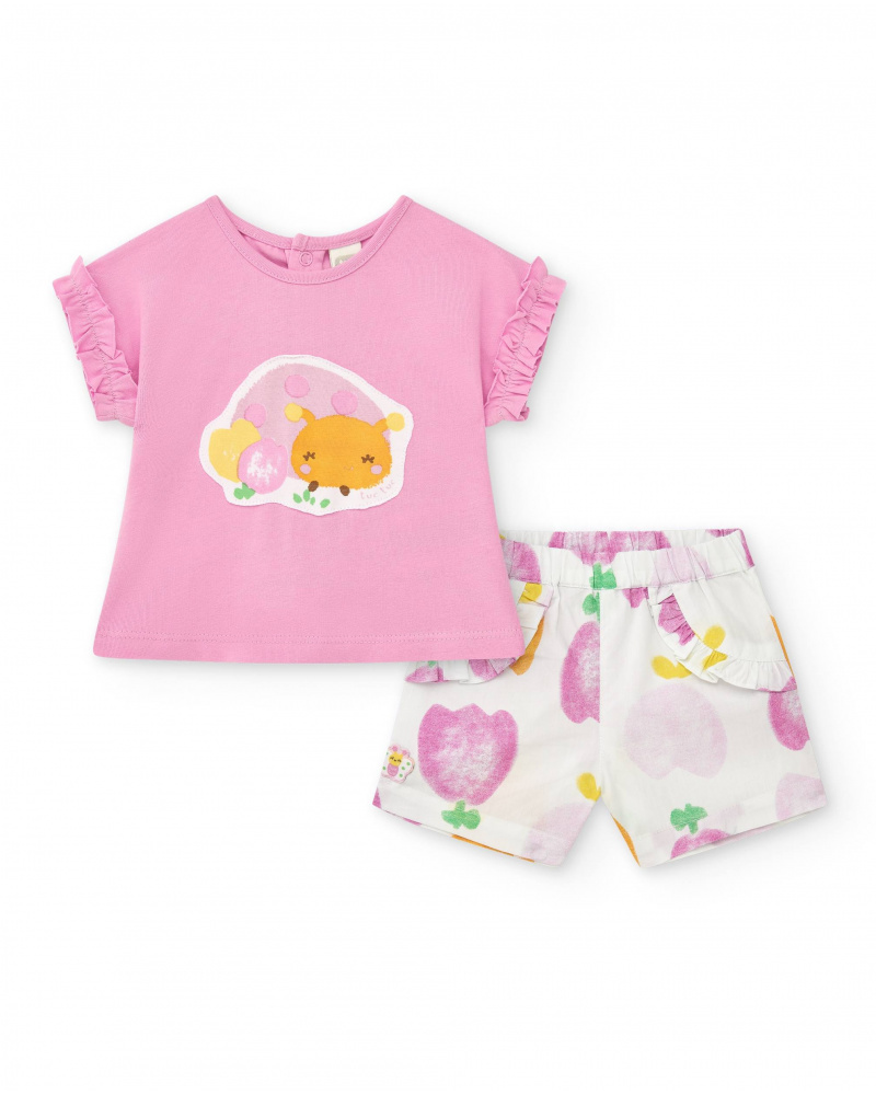 Girls' outfit with sleeveless knitted T-shirt and print