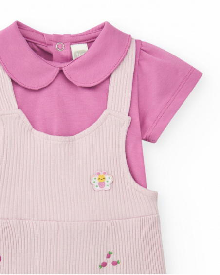 Knitted outfit for girls with ribbed lilac overalls and fruit print