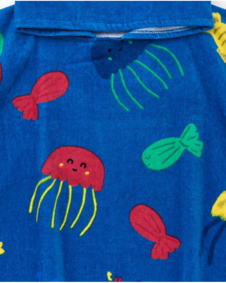 Blue poncho towel for boys with print and hood