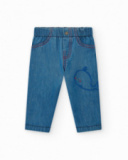 Boys' outfit with short-sleeved blue shirt and embroidered whale denim pants