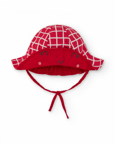 Red knitted hat for girls with white checks and embroidered face