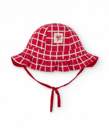 Red knitted hat for girls with white checks and embroidered face