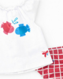 Girls' outfit with white fish-printed blouse and red checkered panties