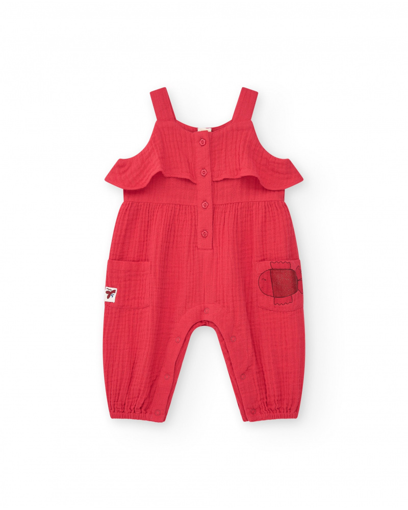 Red romper for girls with ruffles and pockets with fish applique