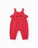 Red romper for girls with ruffles and pockets with fish applique