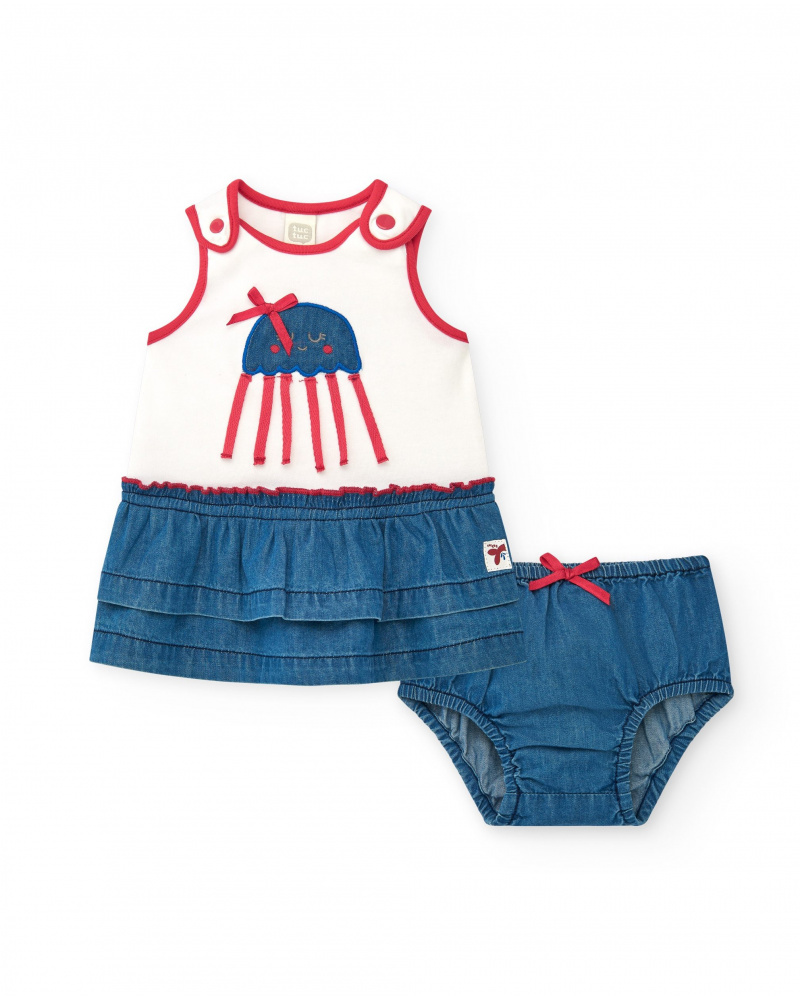 Girls' outfit with white jellyfish T-shirt and ruffled denim skirt